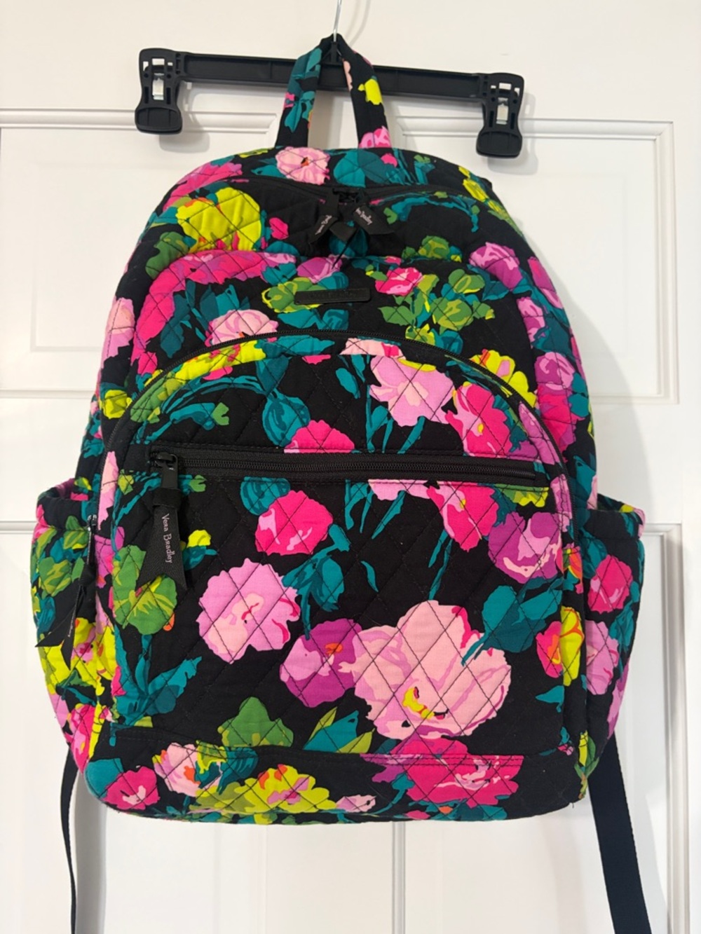 Vera Bradley Black Quilted Backpack with Pink, Green & Yellow Floral Print
